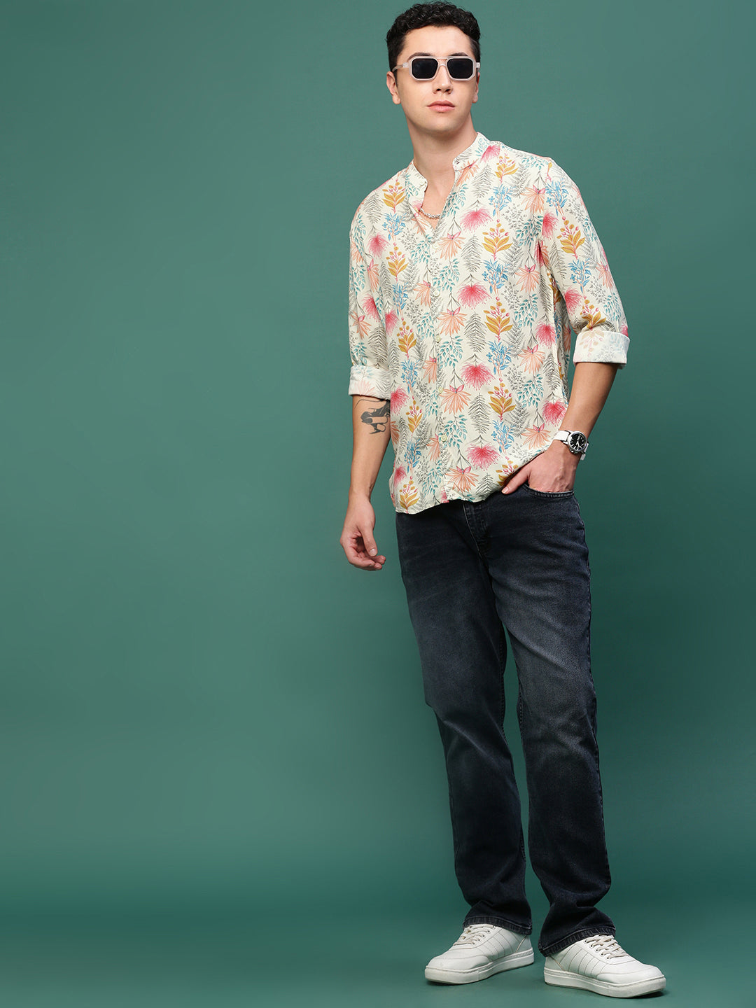 Men Cream Floral Slim Fit Shirt