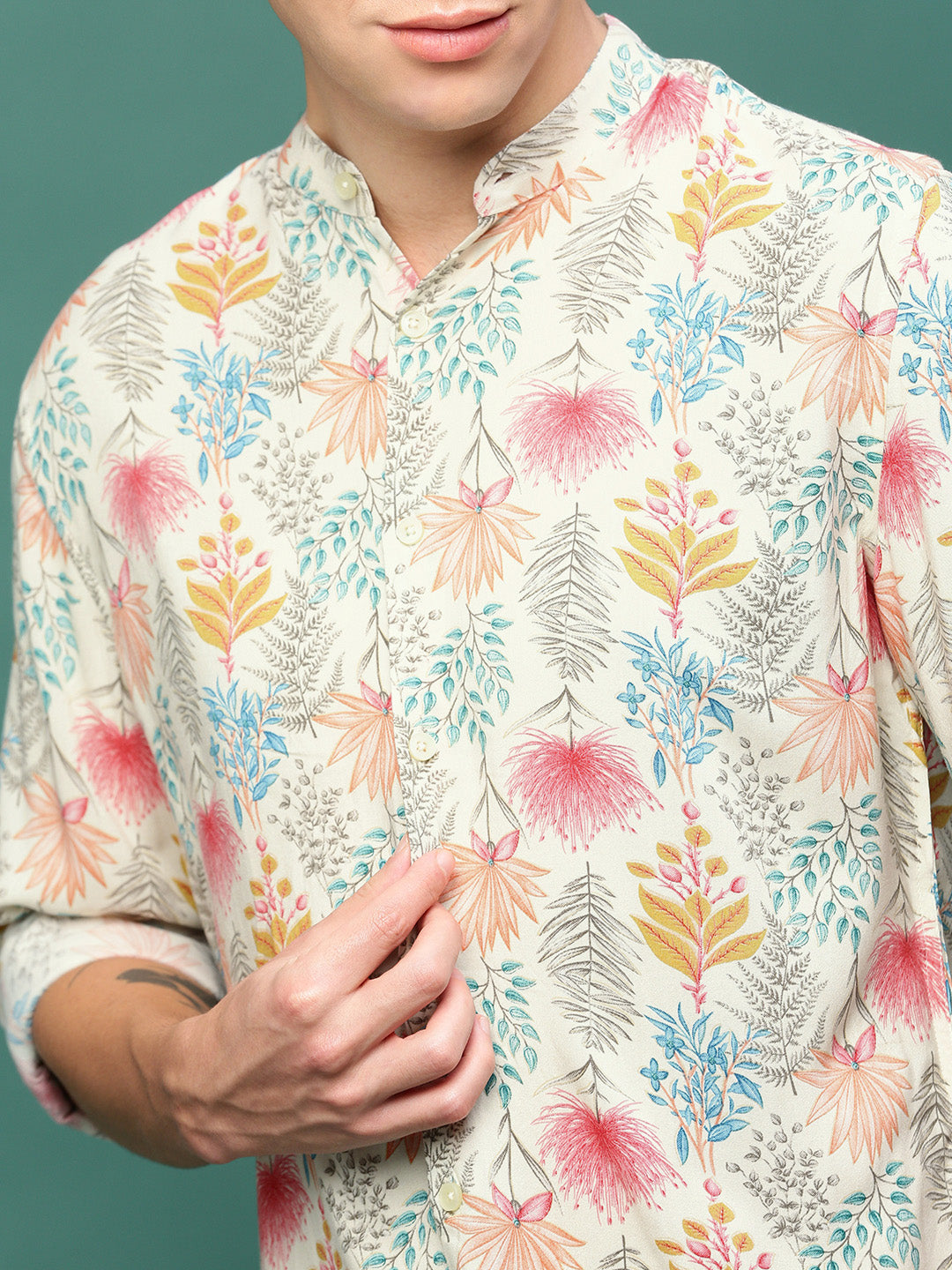 Men Cream Floral Slim Fit Shirt