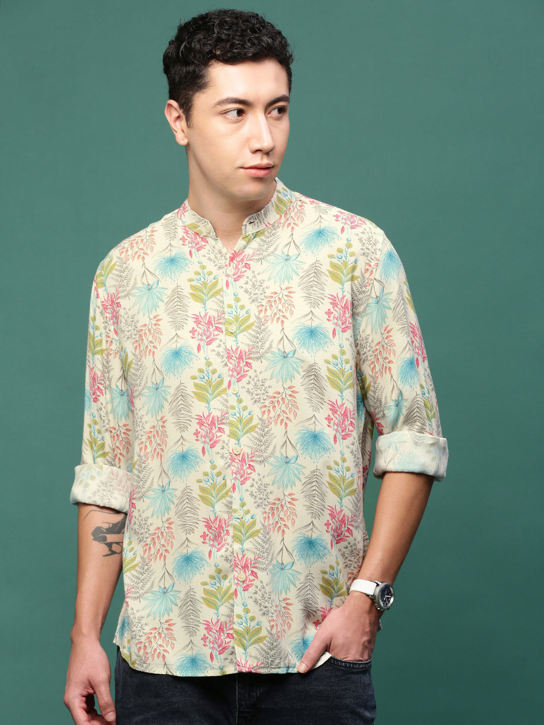 Men Cream Floral Slim Fit Shirt