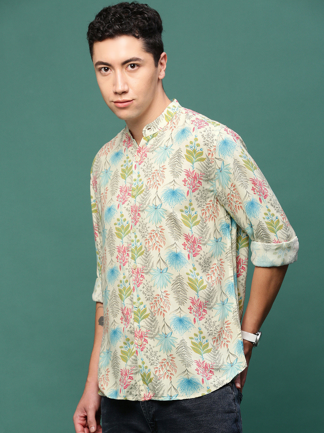 Men Cream Floral Slim Fit Shirt