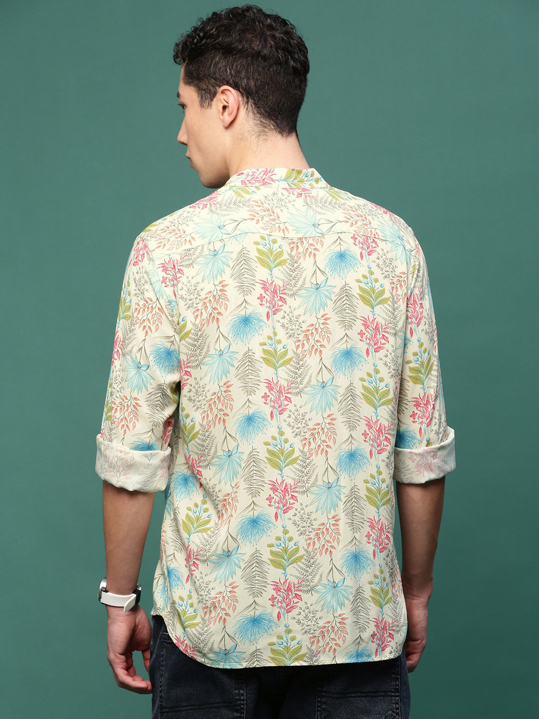 Men Cream Floral Slim Fit Shirt