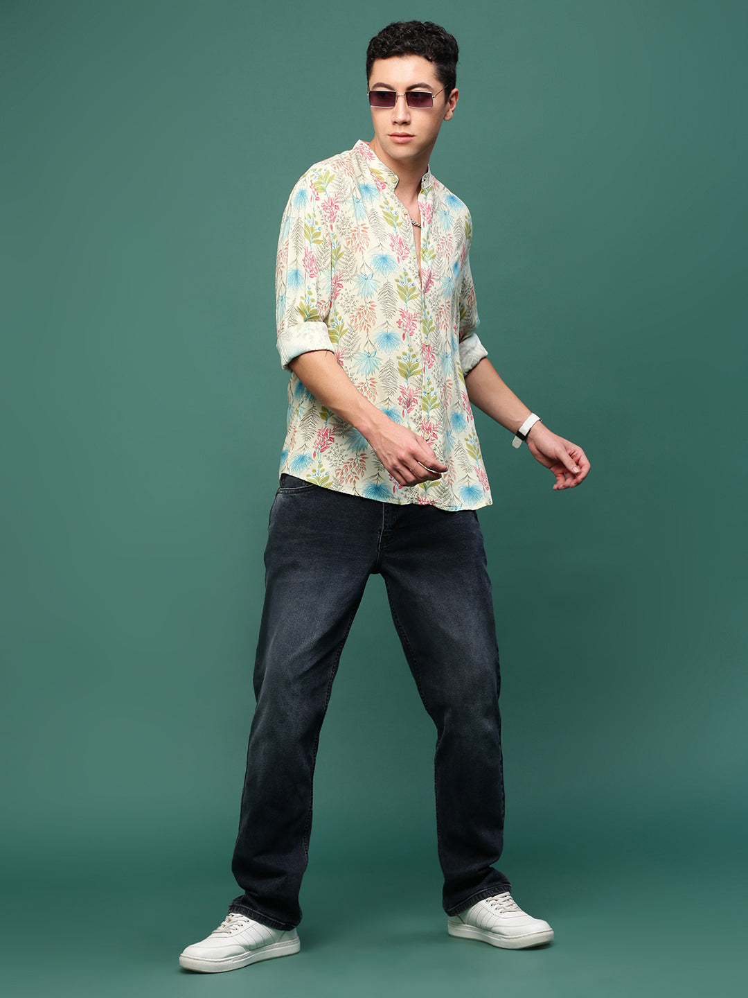 Men Cream Floral Slim Fit Shirt