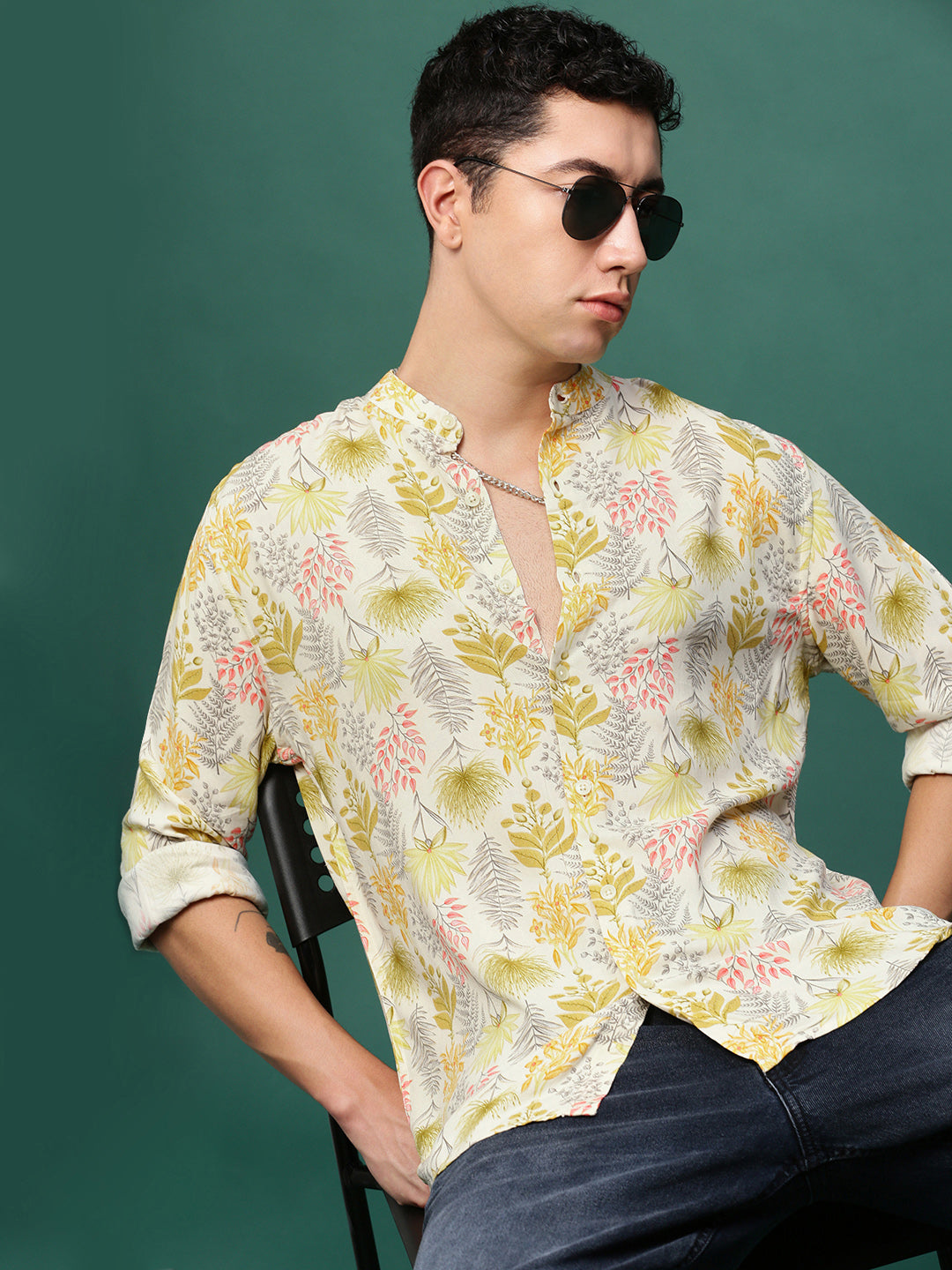 Men Cream Floral Slim Fit Shirt