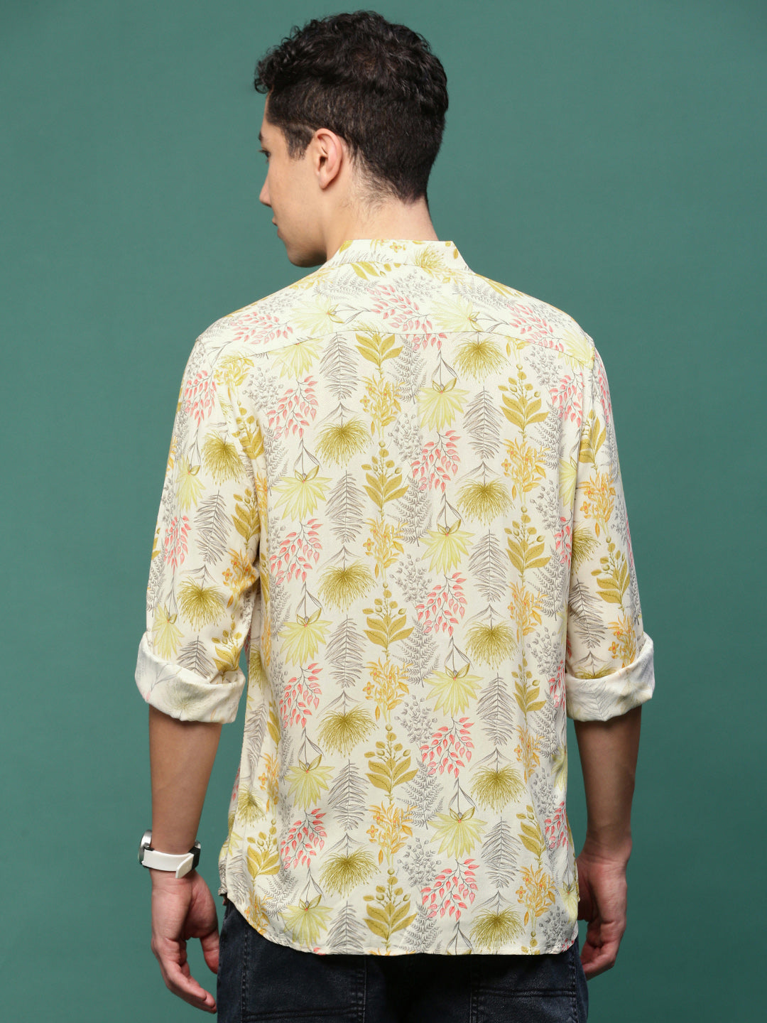 Men Cream Floral Slim Fit Shirt