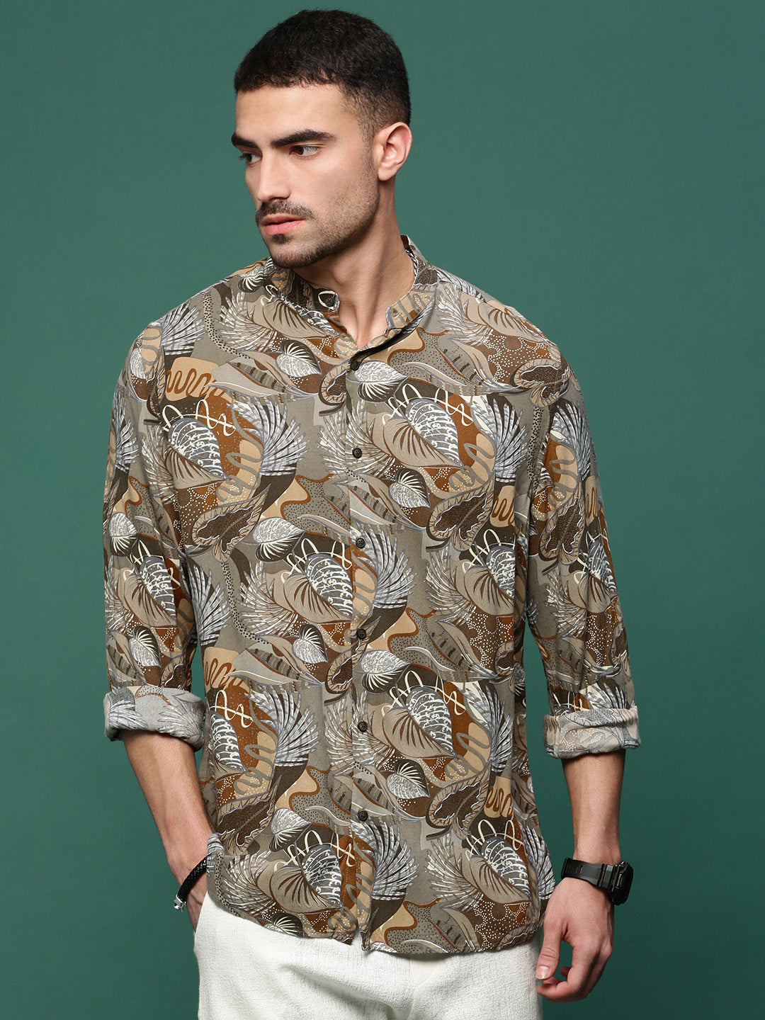 Men Olive Floral Slim Fit Shirt