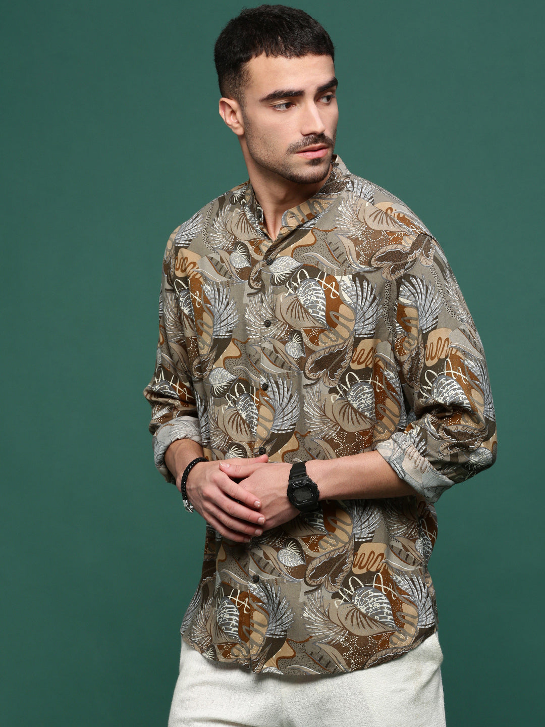 Men Olive Floral Slim Fit Shirt