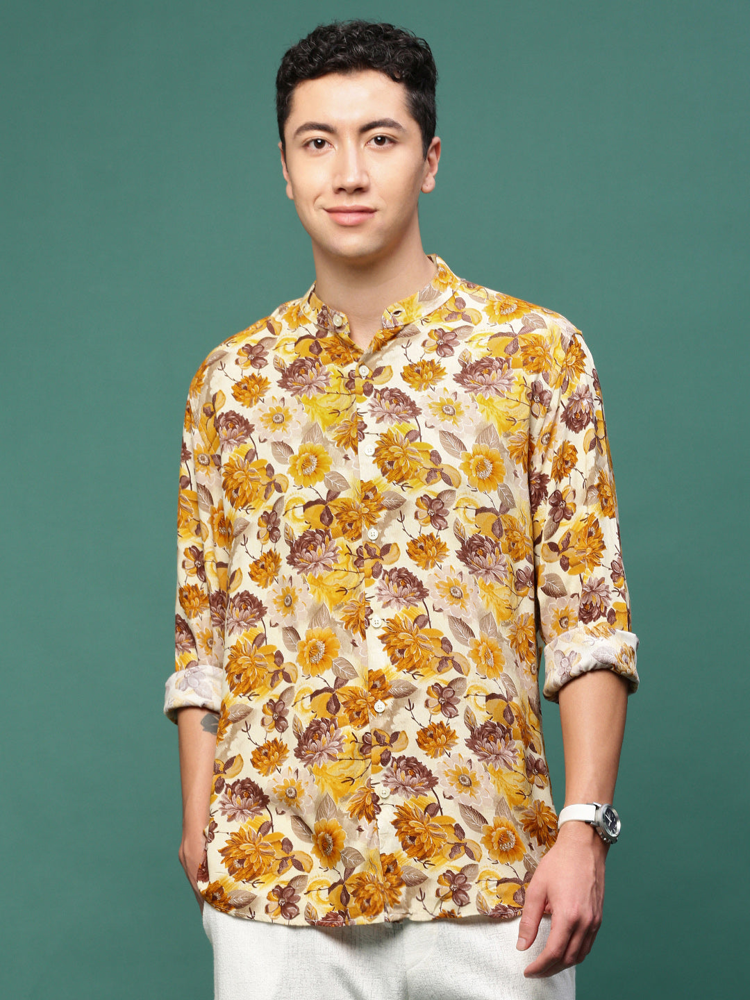 Men Orange Floral Slim Fit Shirt