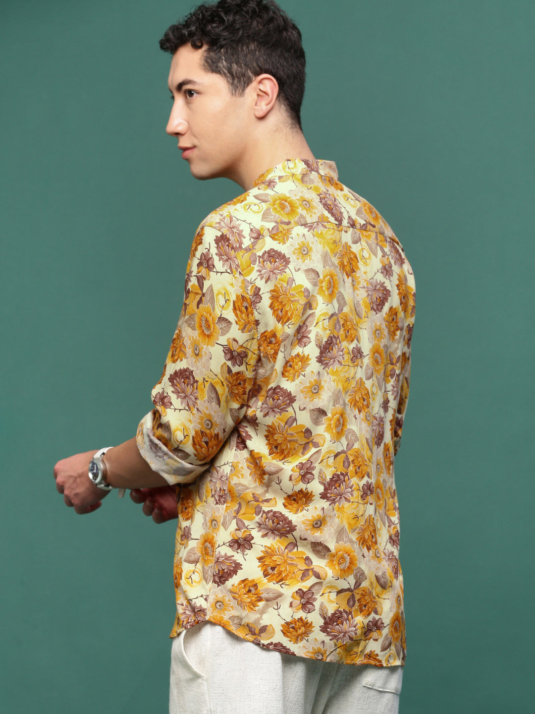 Men Orange Floral Slim Fit Shirt