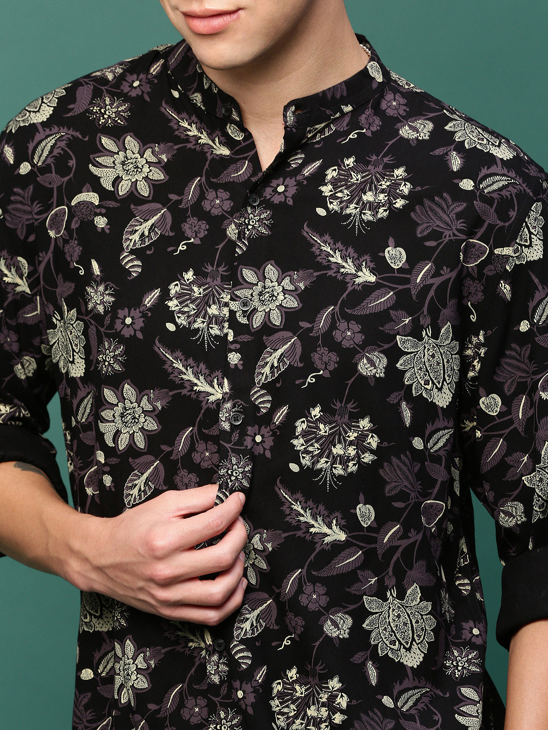 Men Black Floral Slim Fit Shirt