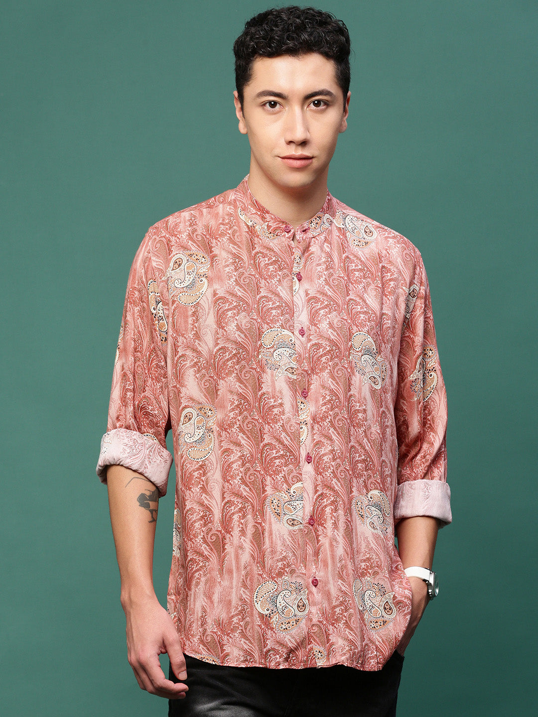 Men Peach Graphic Slim Fit Shirt