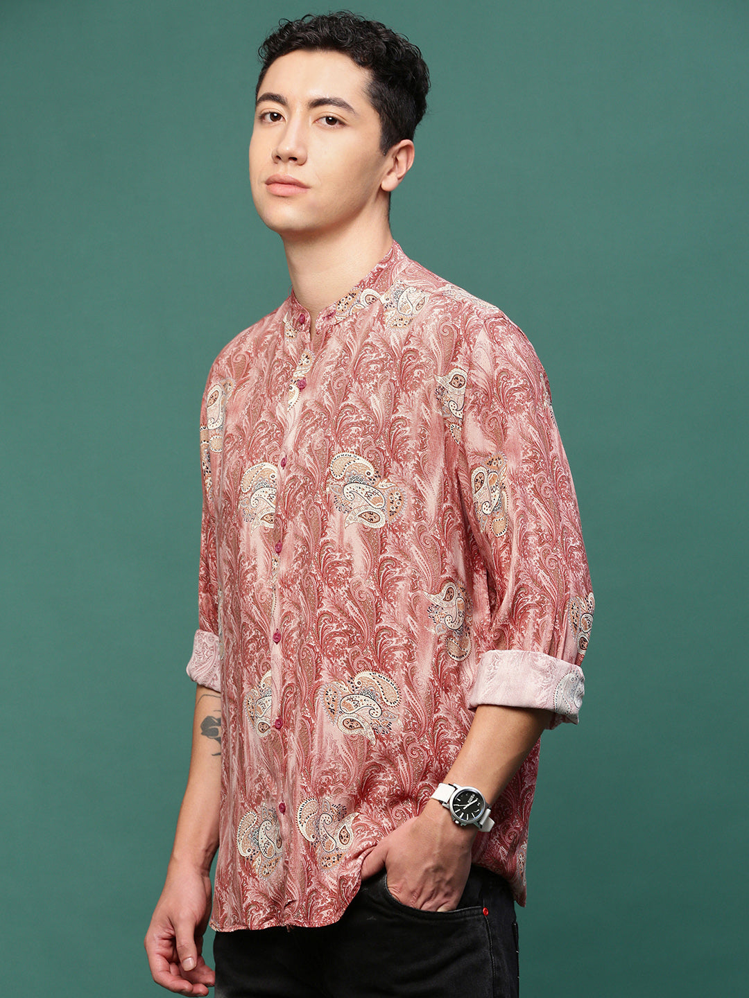 Men Peach Graphic Slim Fit Shirt