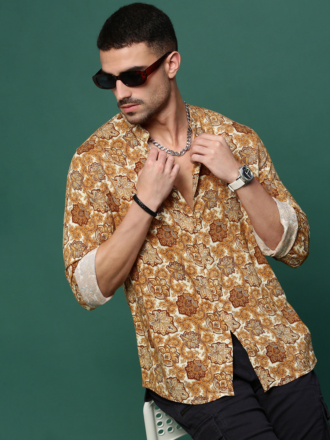 Men Mustard Graphic Slim Fit Shirt