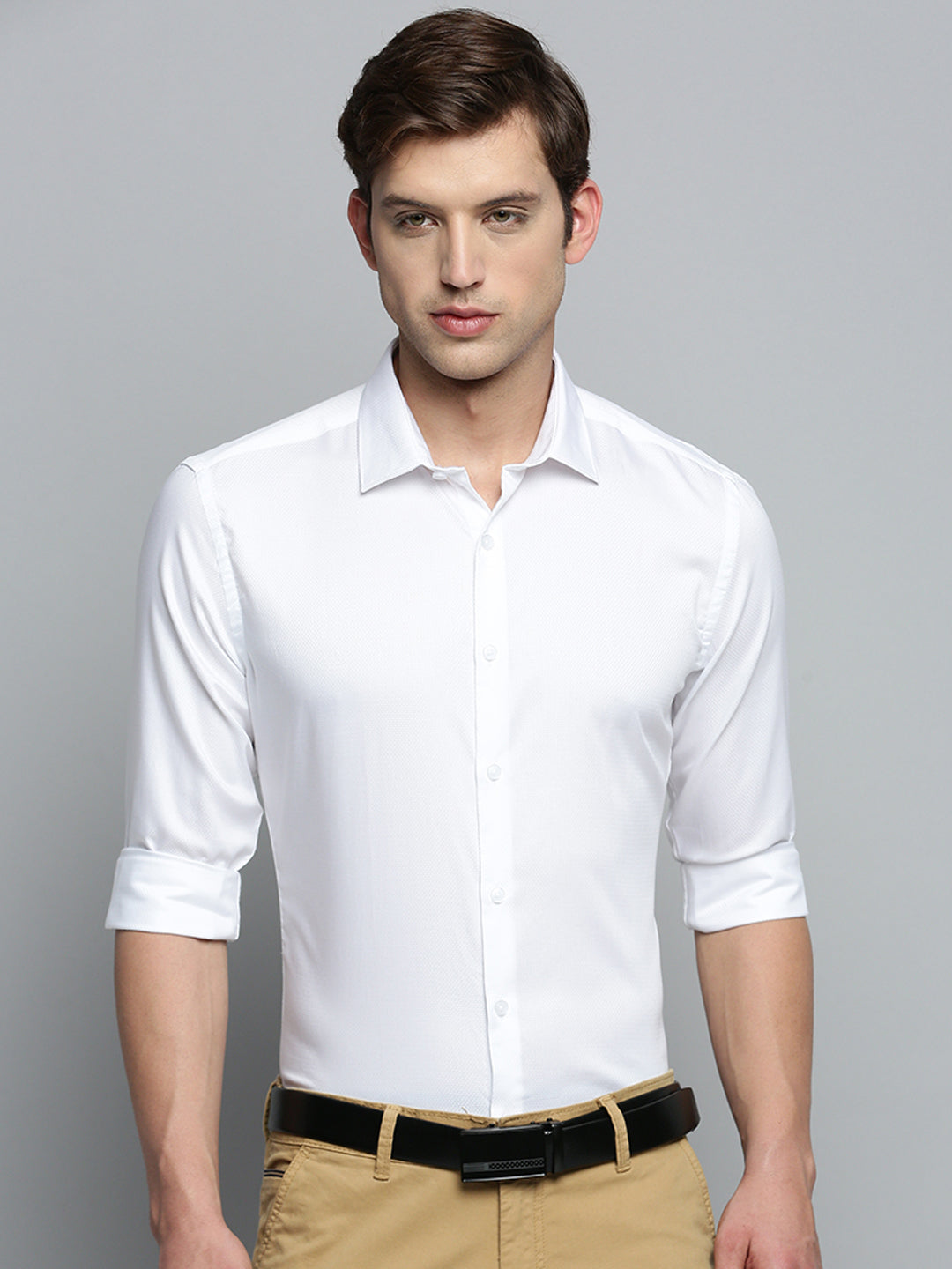 Men Spread Collar Self Design White Shirt