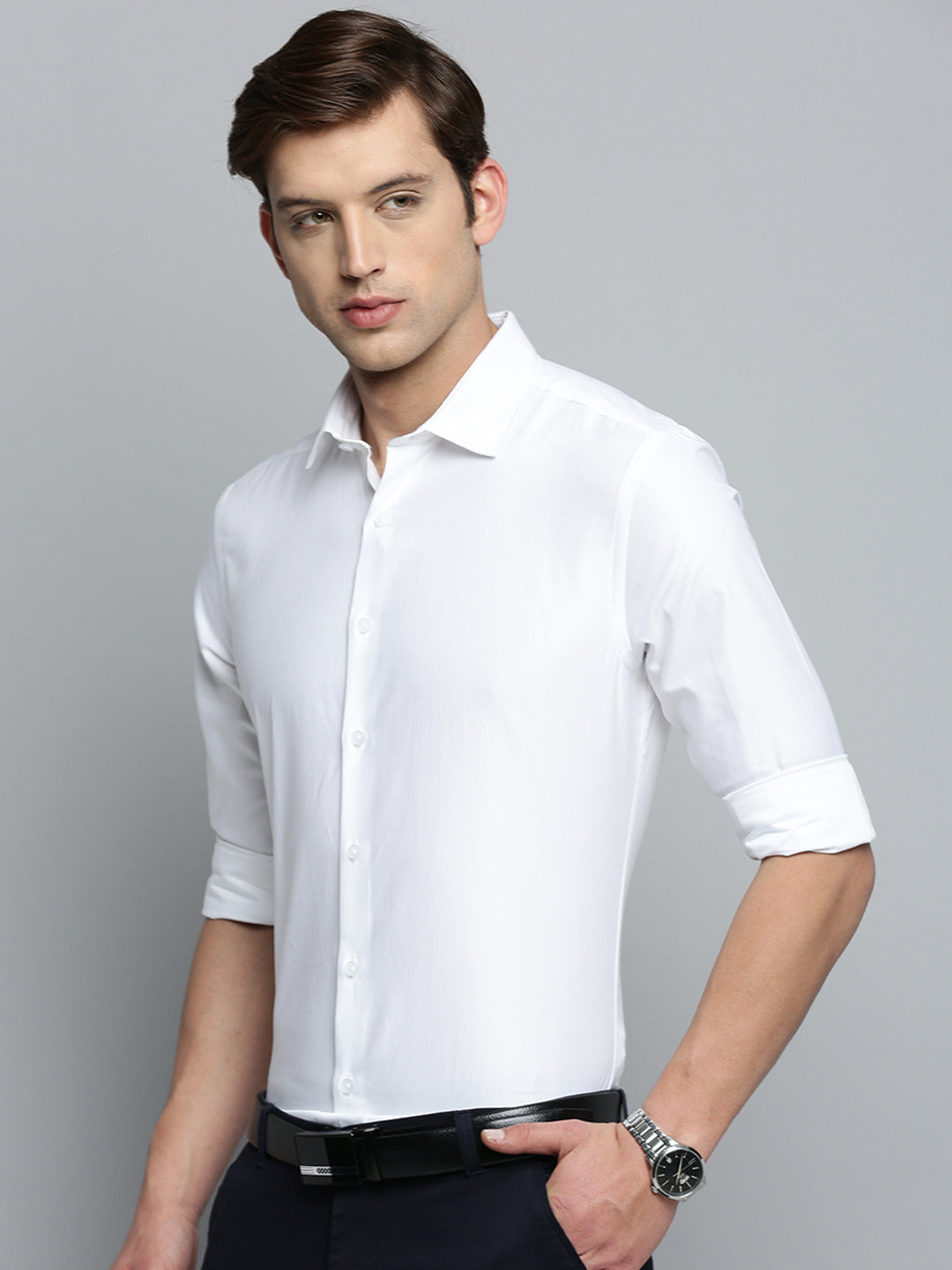 Men Spread Collar Solid White Shirt