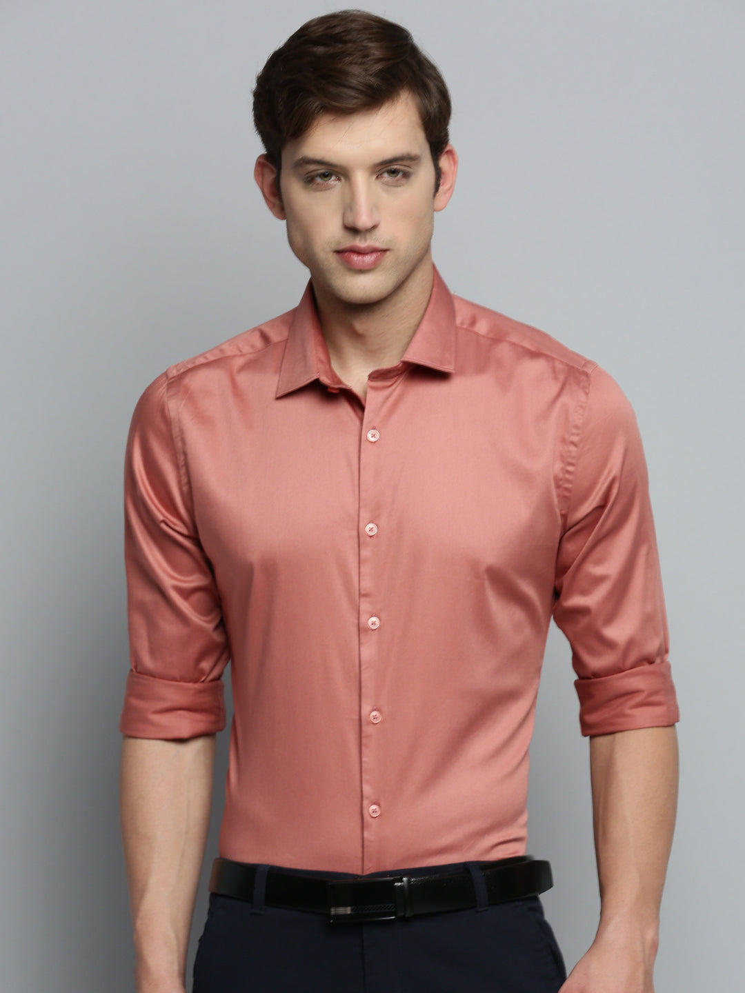Men Spread Collar Solid Coral Shirt