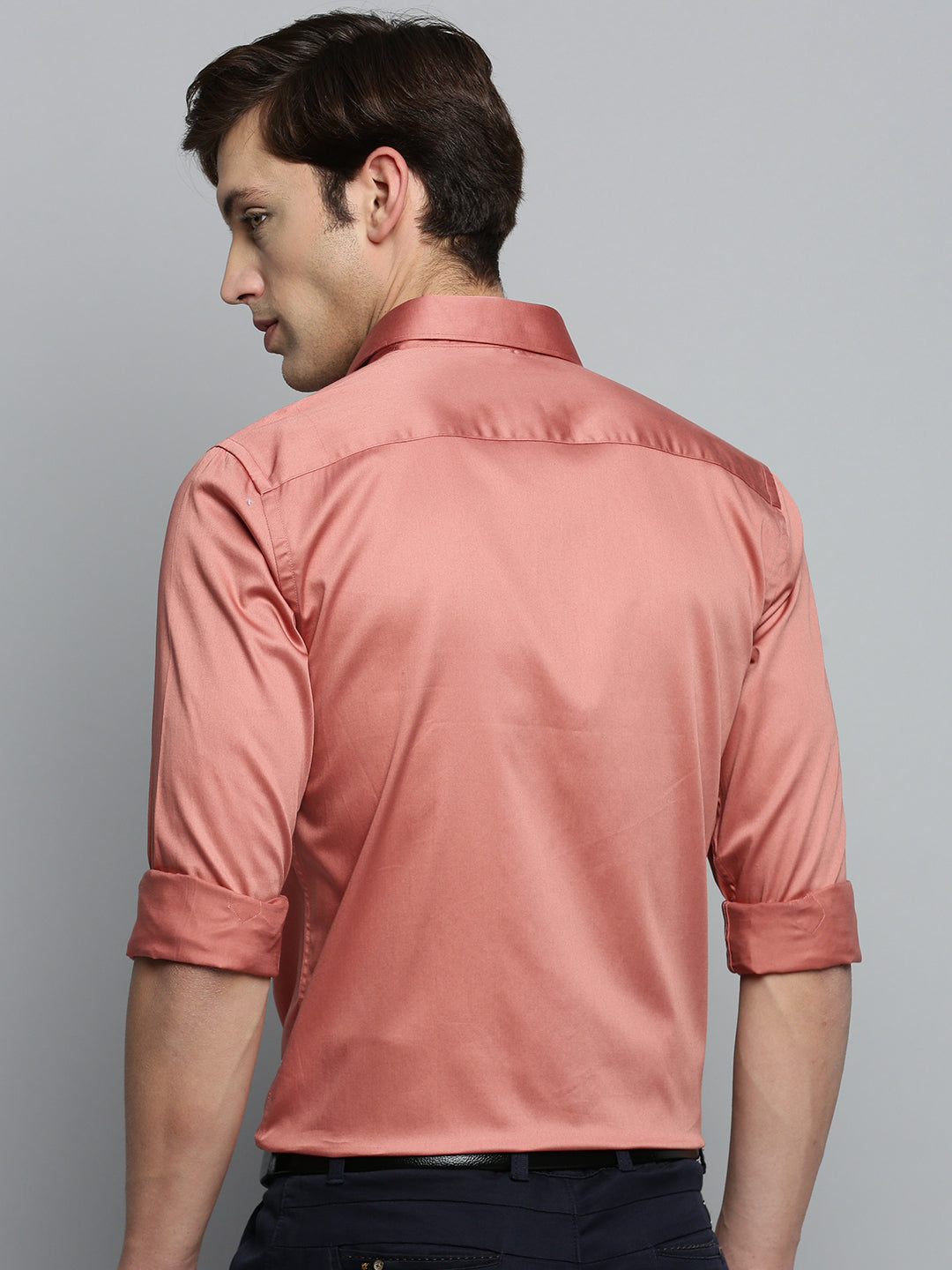 Men Spread Collar Solid Coral Shirt