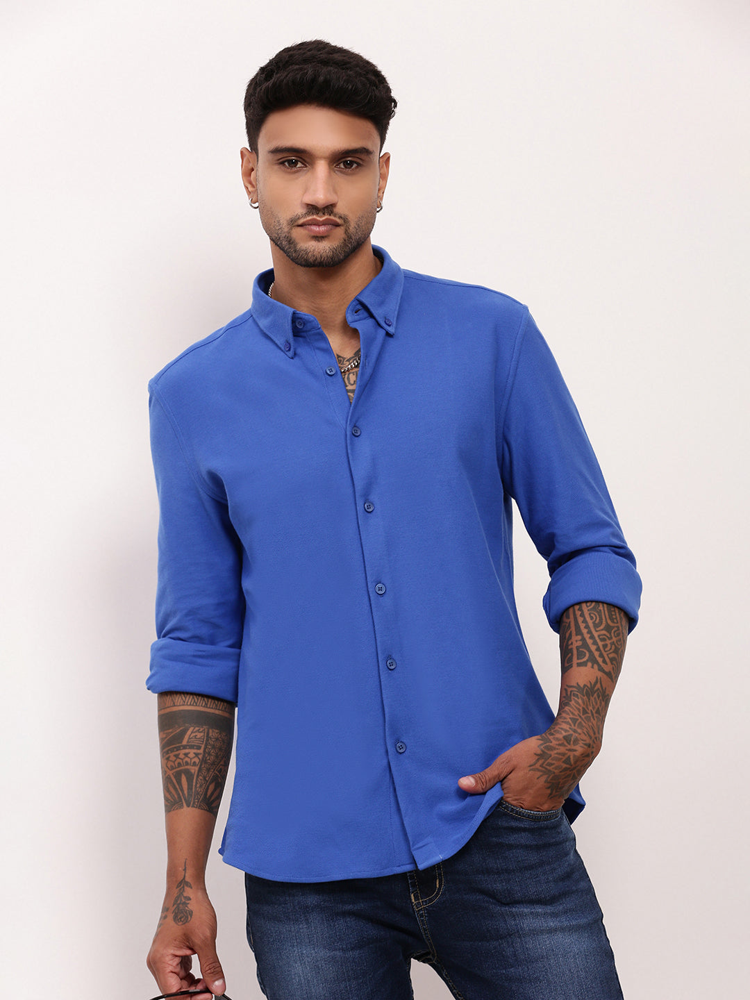 Men Blue Solid Slim Fit Shirt