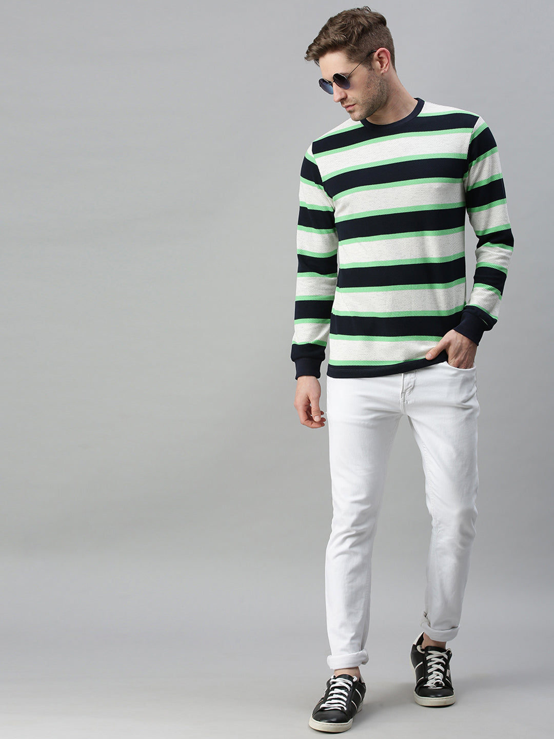 Men Striped White Sweatshirt