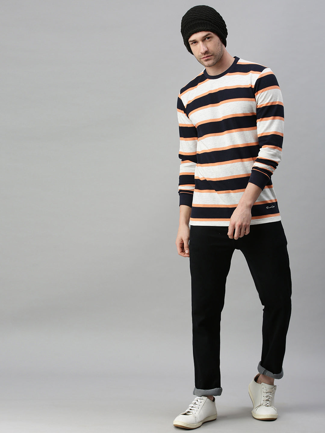 Men Striped White Sweatshirt