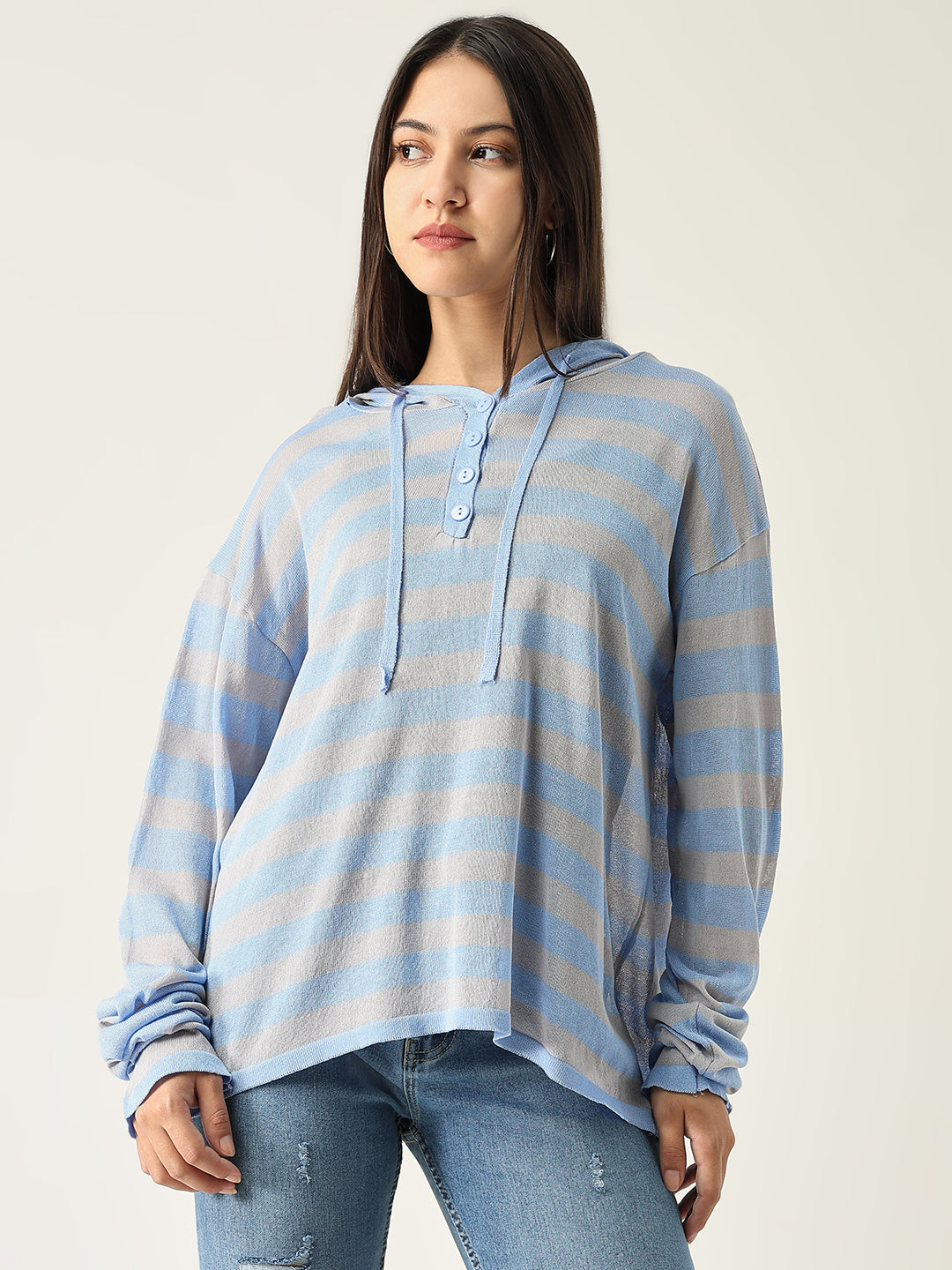 Women Blue Striped Hooded Sweatshirt