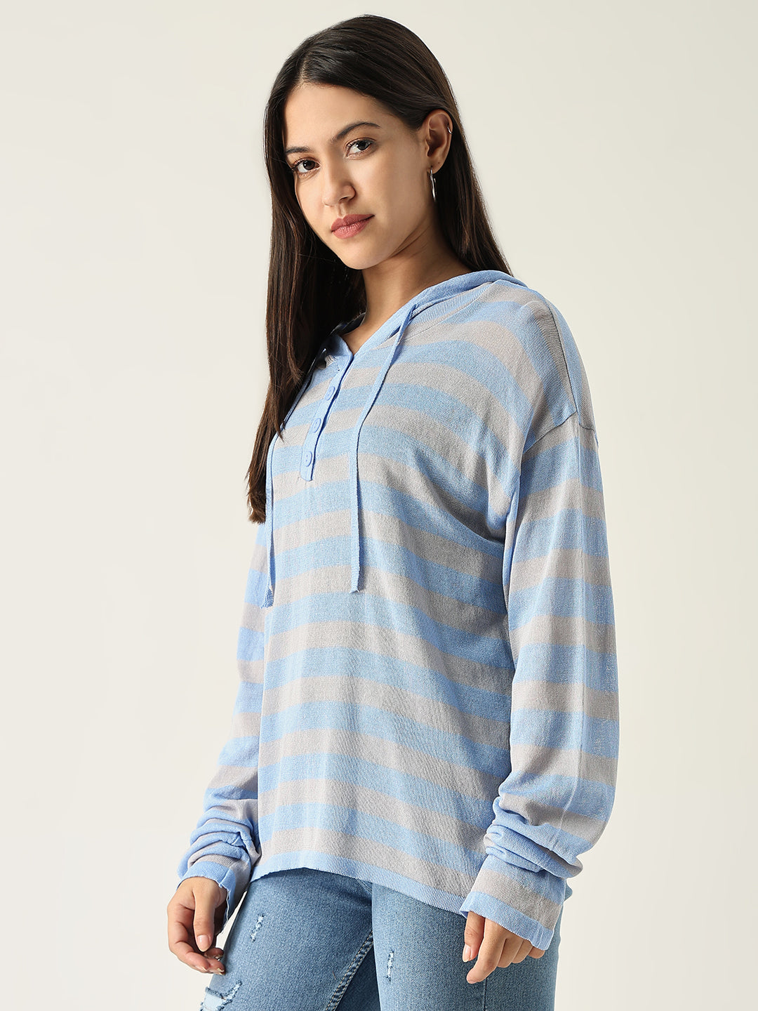 Women Blue Striped Hooded Sweatshirt