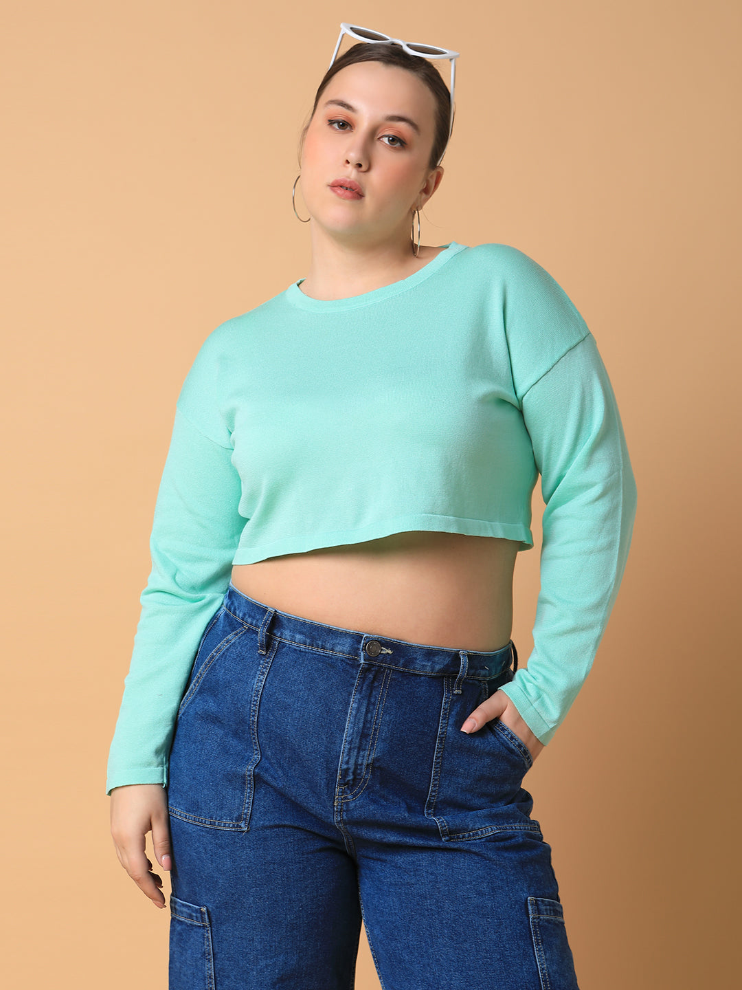 Women Solid Sea Green Crop Top