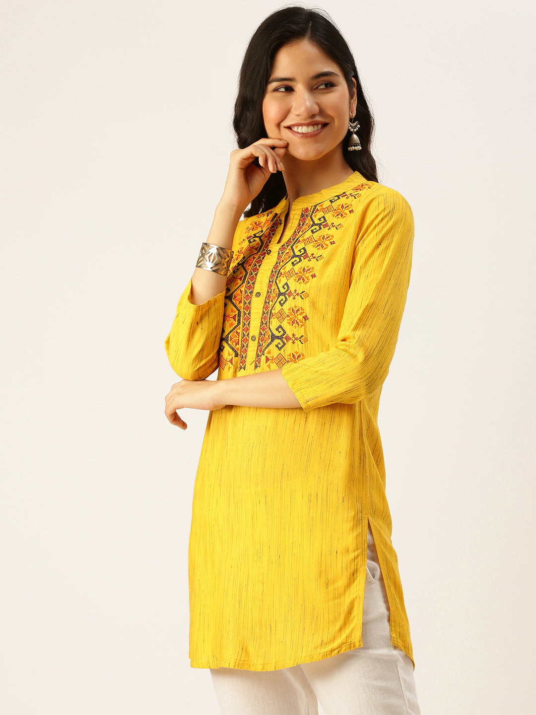 Women Mandarin Collar Solid Yellow Straight Kurti