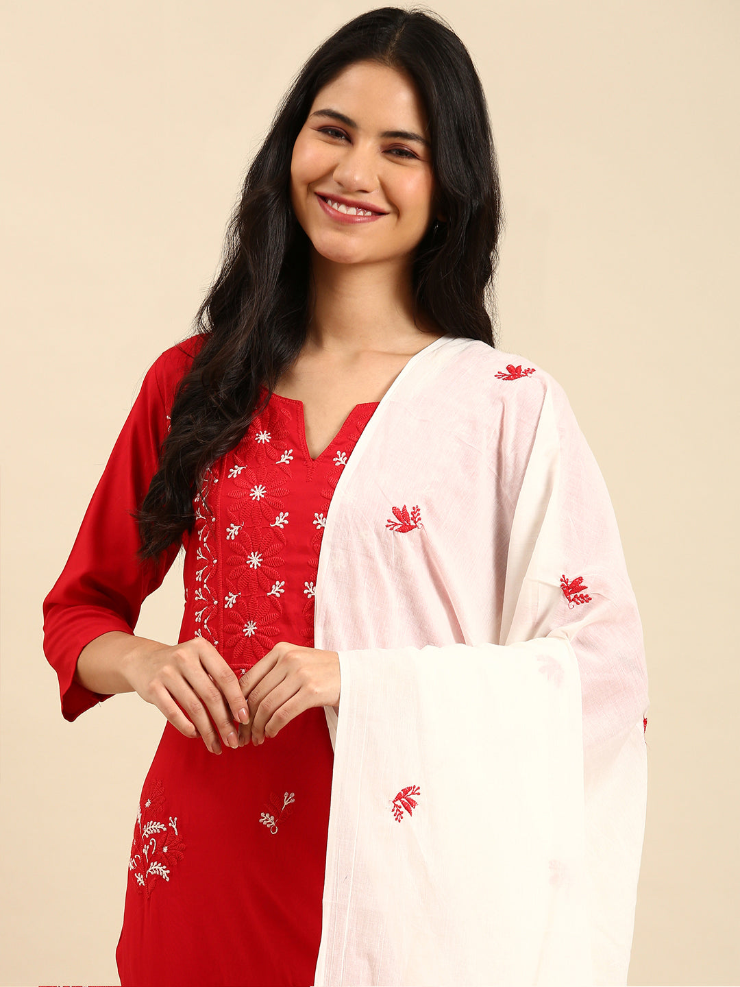 Women Solid Red Straight Kurta Set with Dupatta