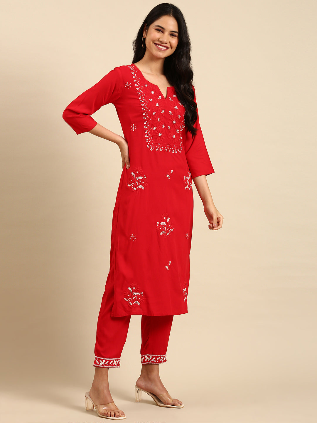 Women Solid Red Straight Kurta Set with Dupatta