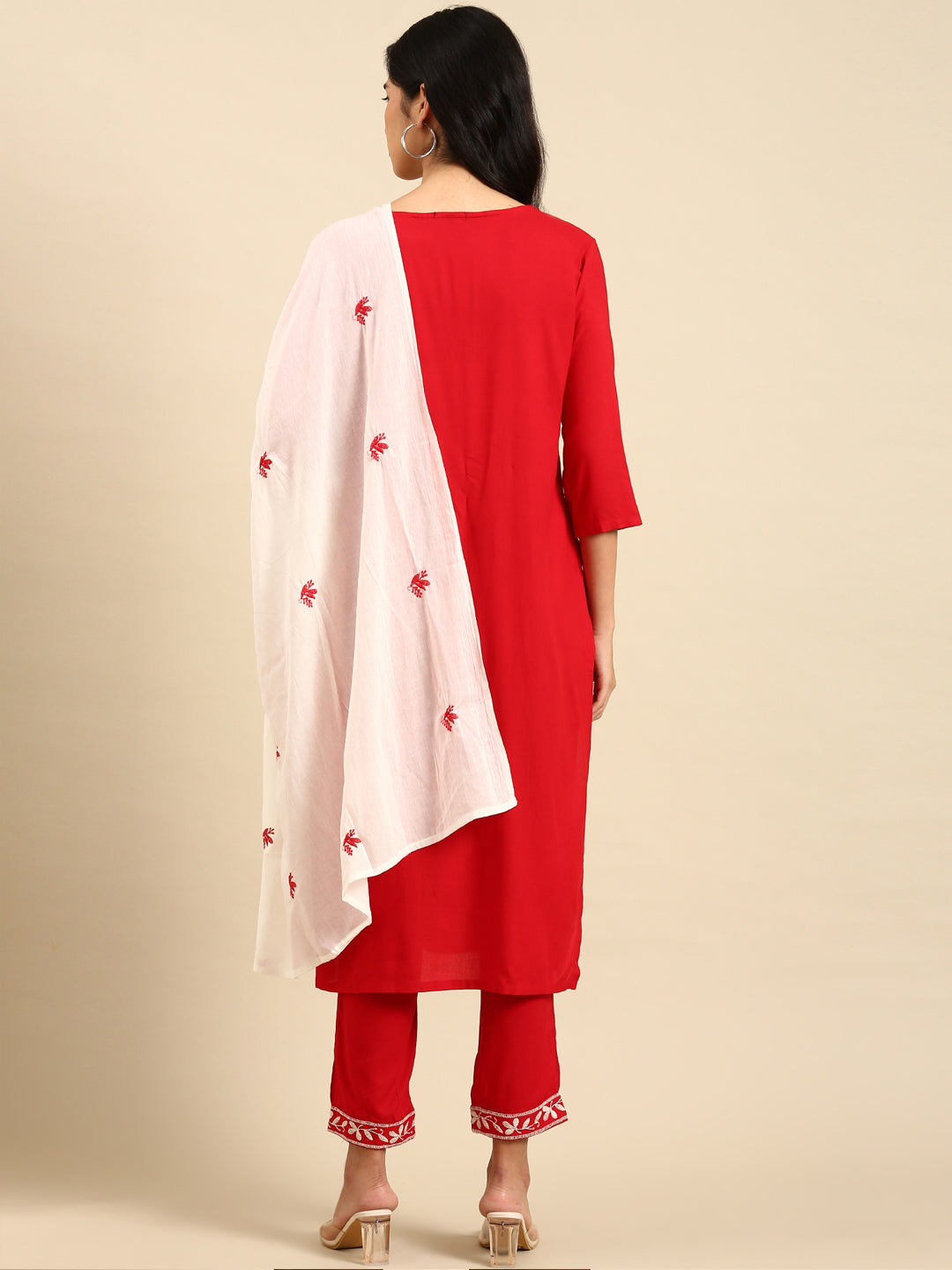 Women Solid Red Straight Kurta Set with Dupatta