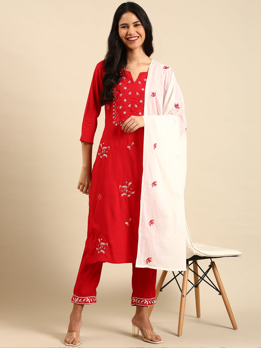 Women Solid Red Straight Kurta Set with Dupatta