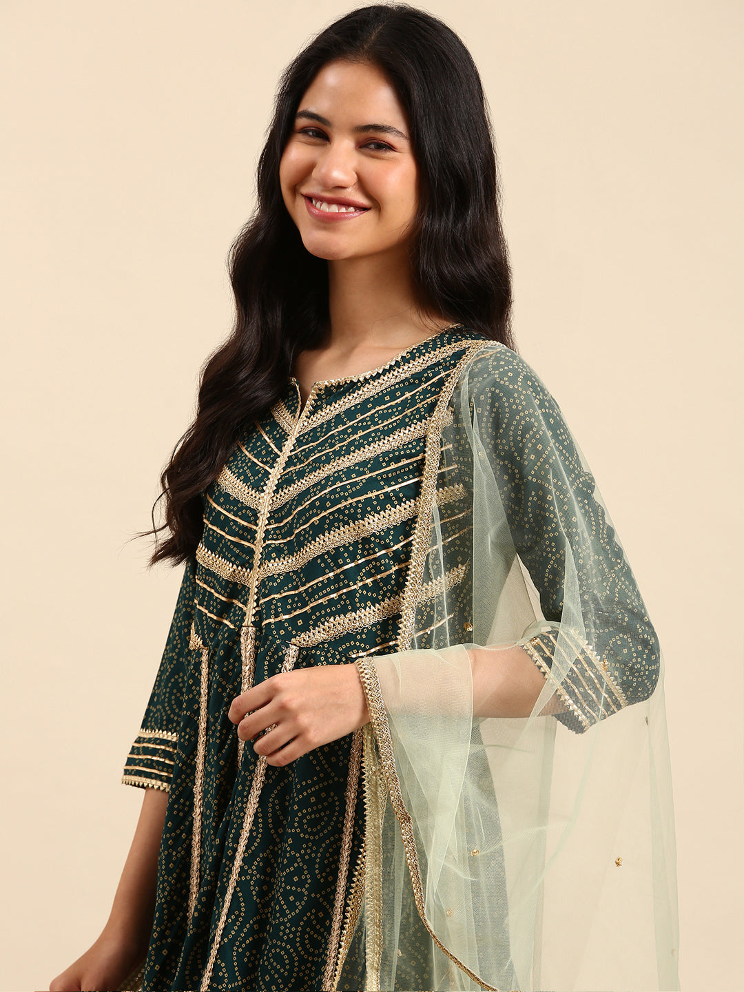 Women Bandhani Green Anarkali Kurta Set with Dupatta