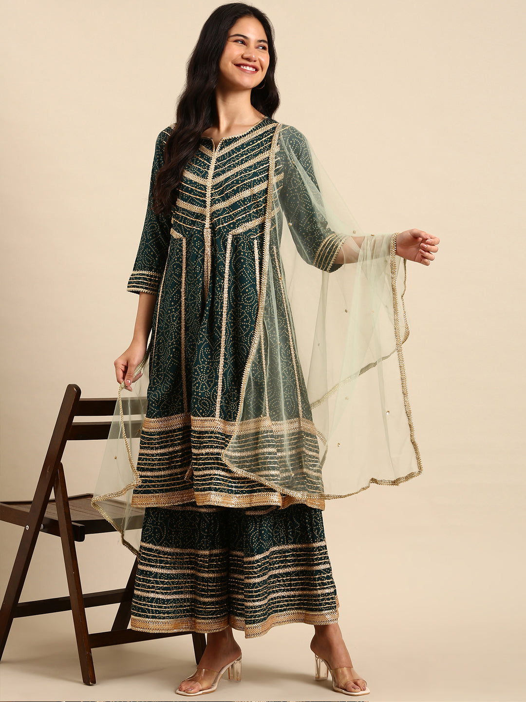 Women Bandhani Green Anarkali Kurta Set with Dupatta