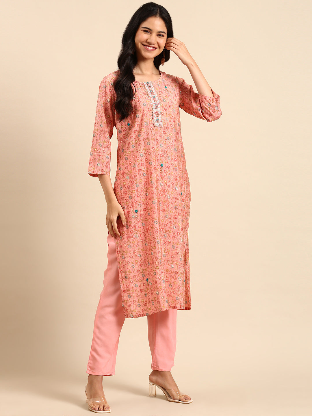 Women Floral Pink Straight Kurta Set with Dupatta