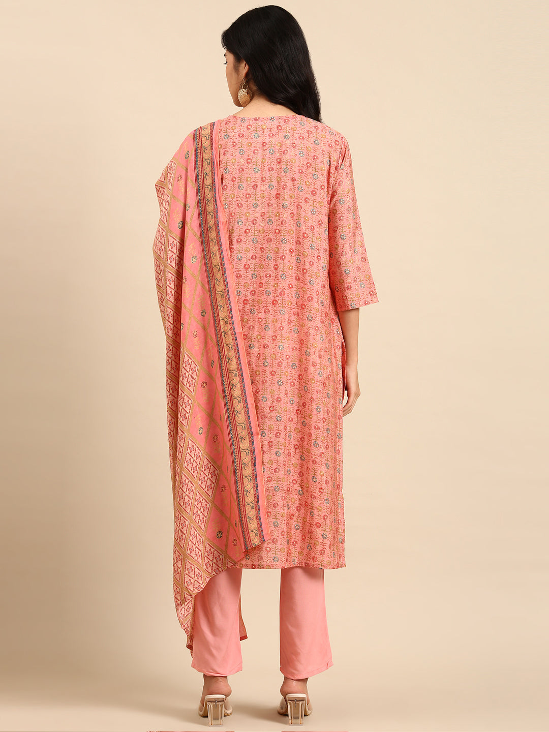 Women Floral Pink Straight Kurta Set with Dupatta