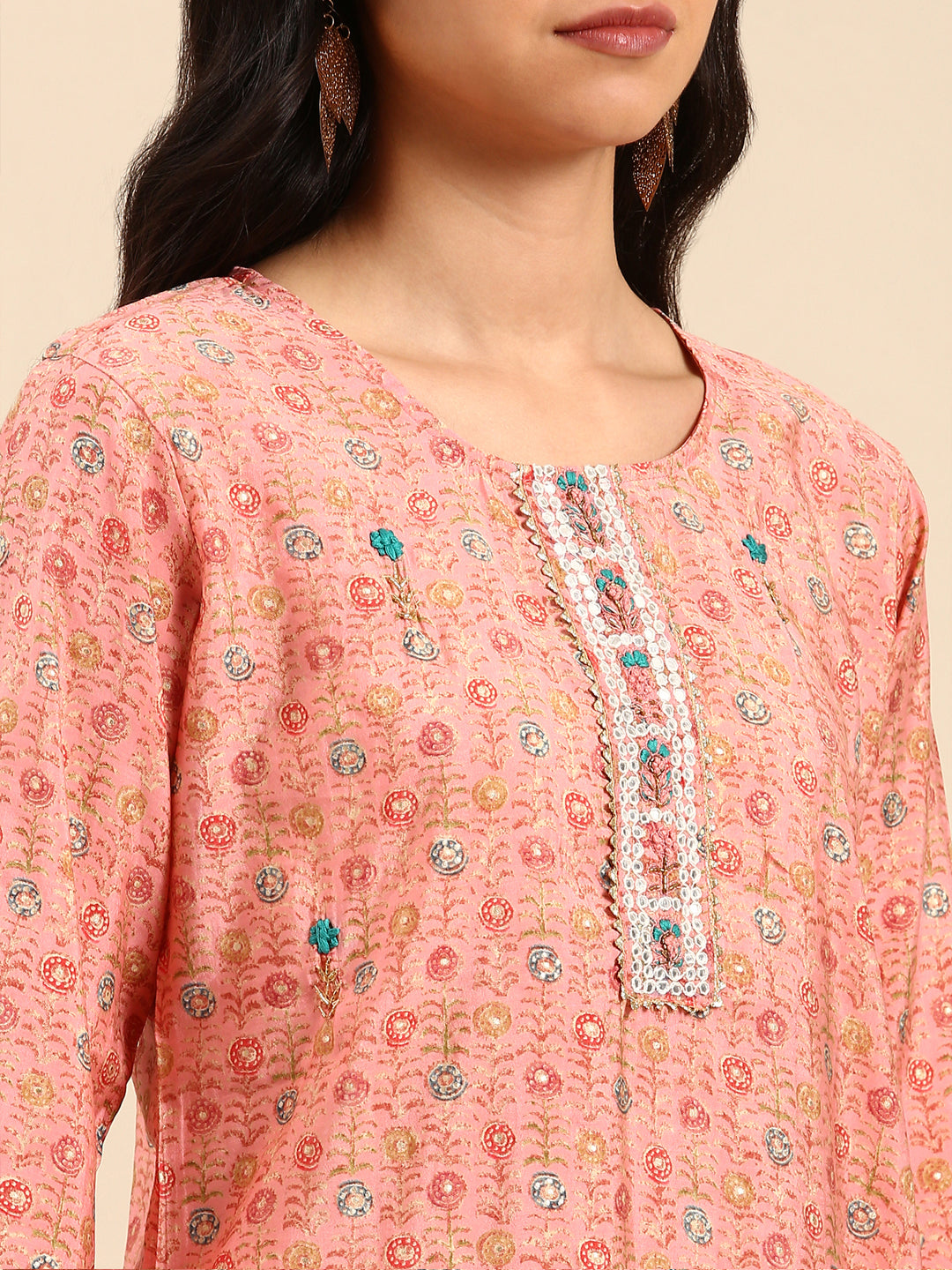 Women Floral Pink Straight Kurta Set with Dupatta