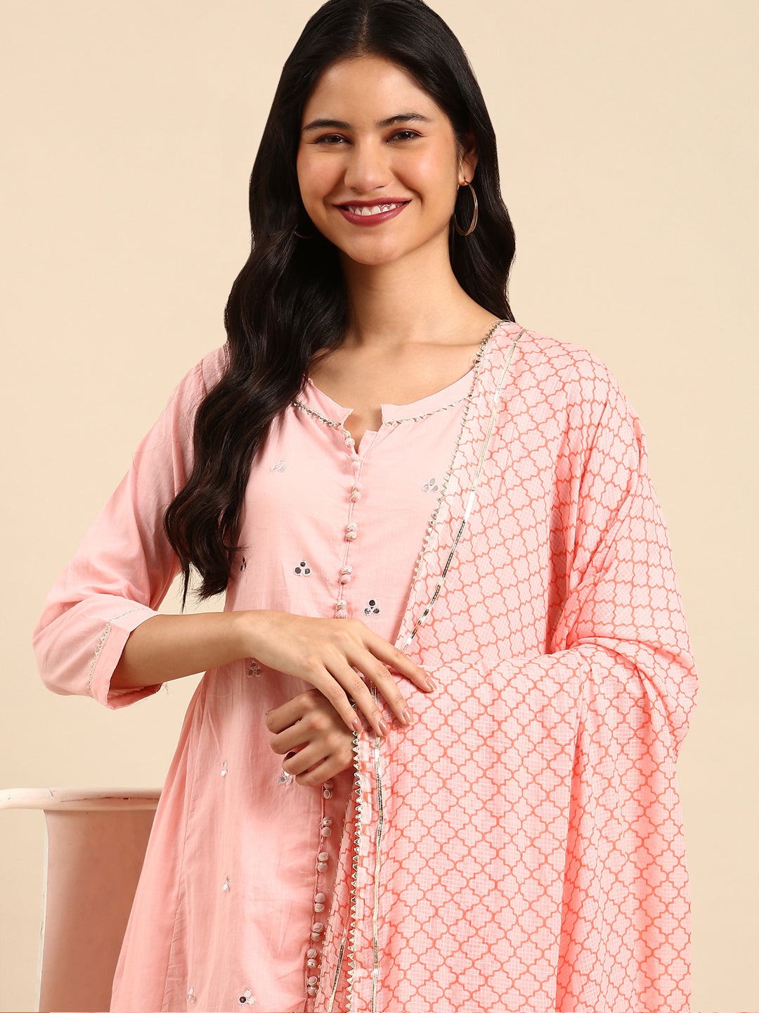 Women Solid Pink Anarkali Kurta Set with Dupatta