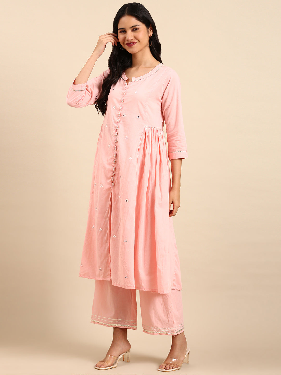 Women Solid Pink Anarkali Kurta Set with Dupatta