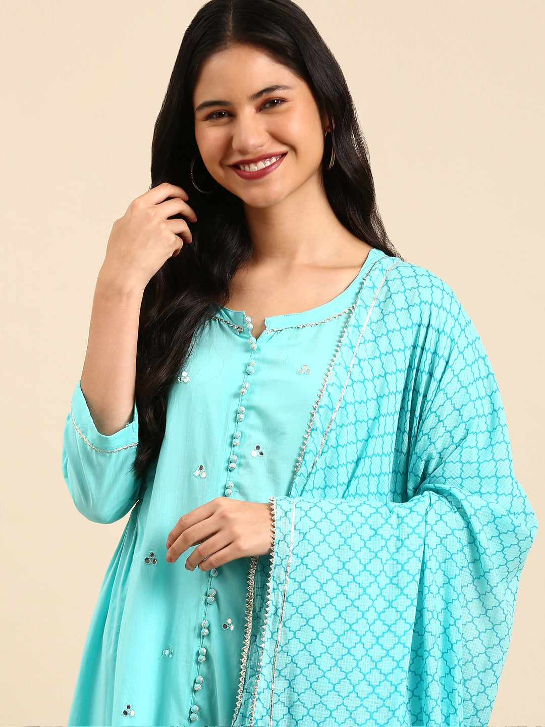 Women Solid Blue Anarkali Kurta Set with Dupatta