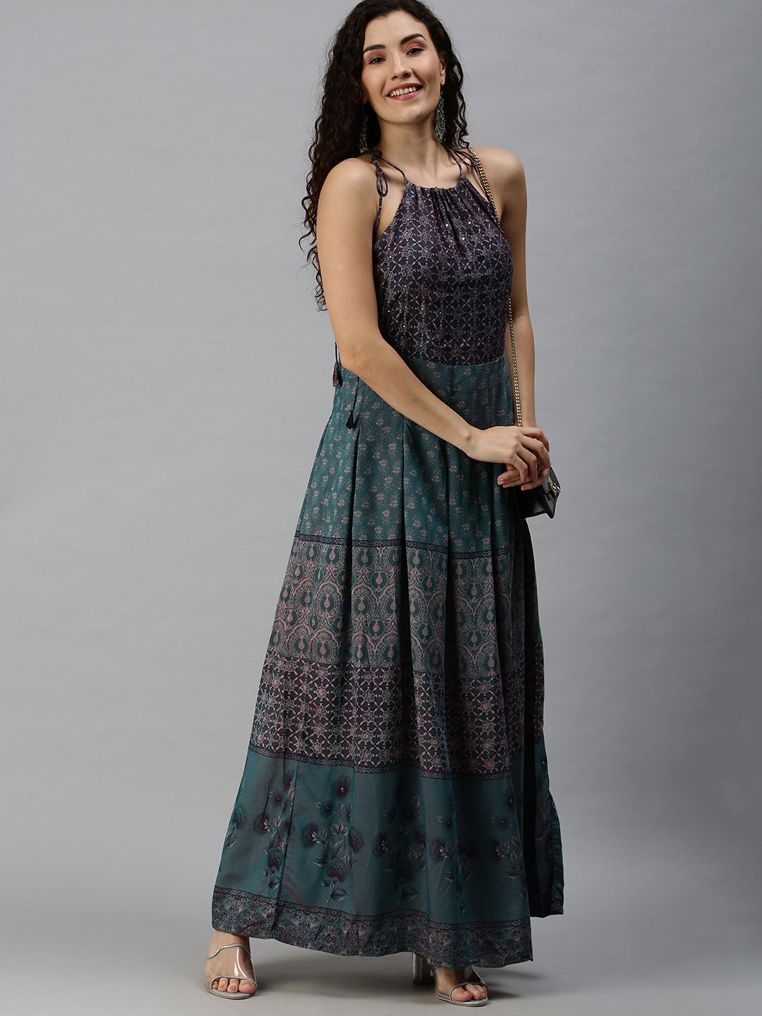 Women Halter Neck Printed Teal Anarkali Kurta