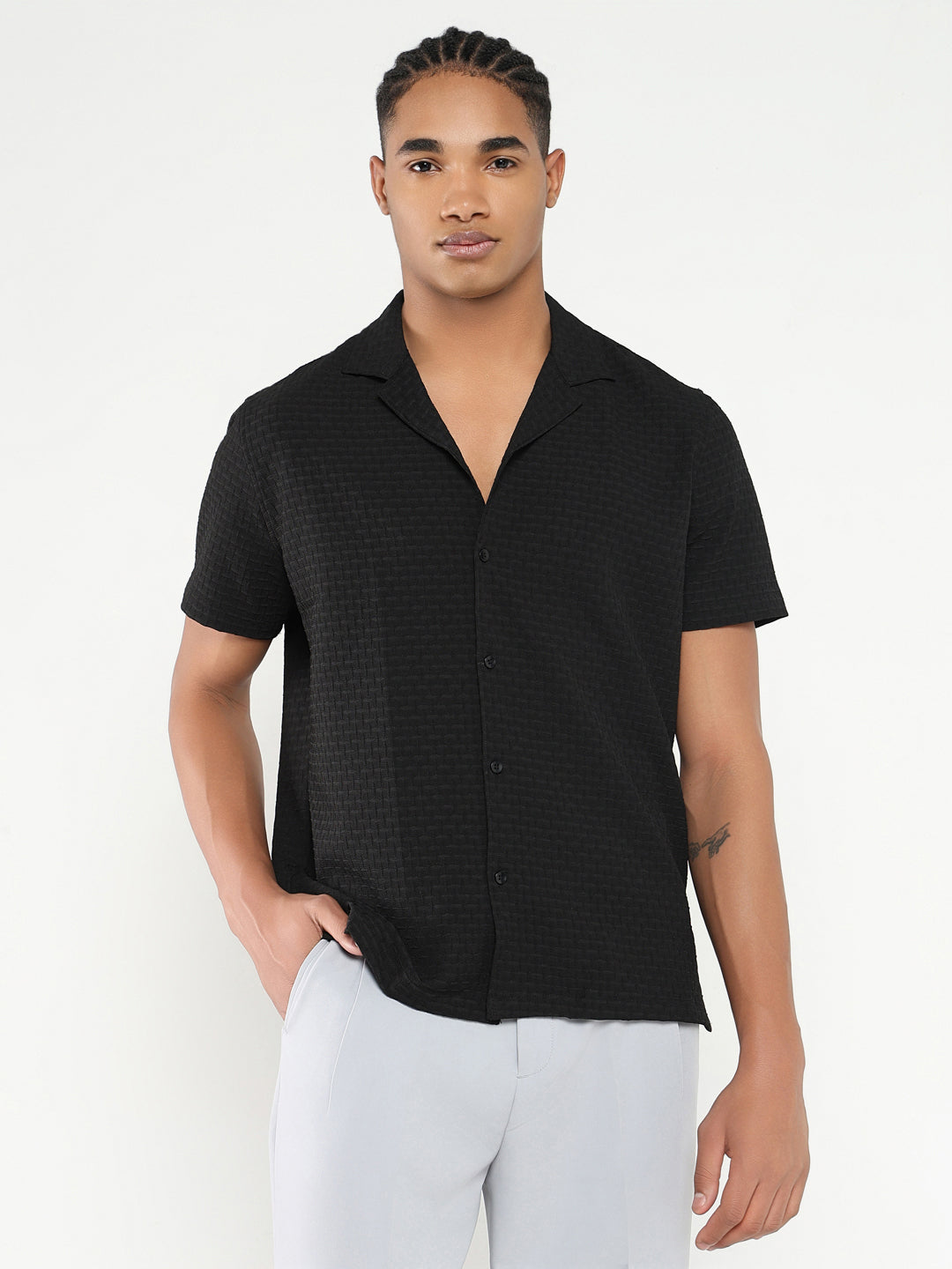 Men Black Cuban Collar Solid Shirt