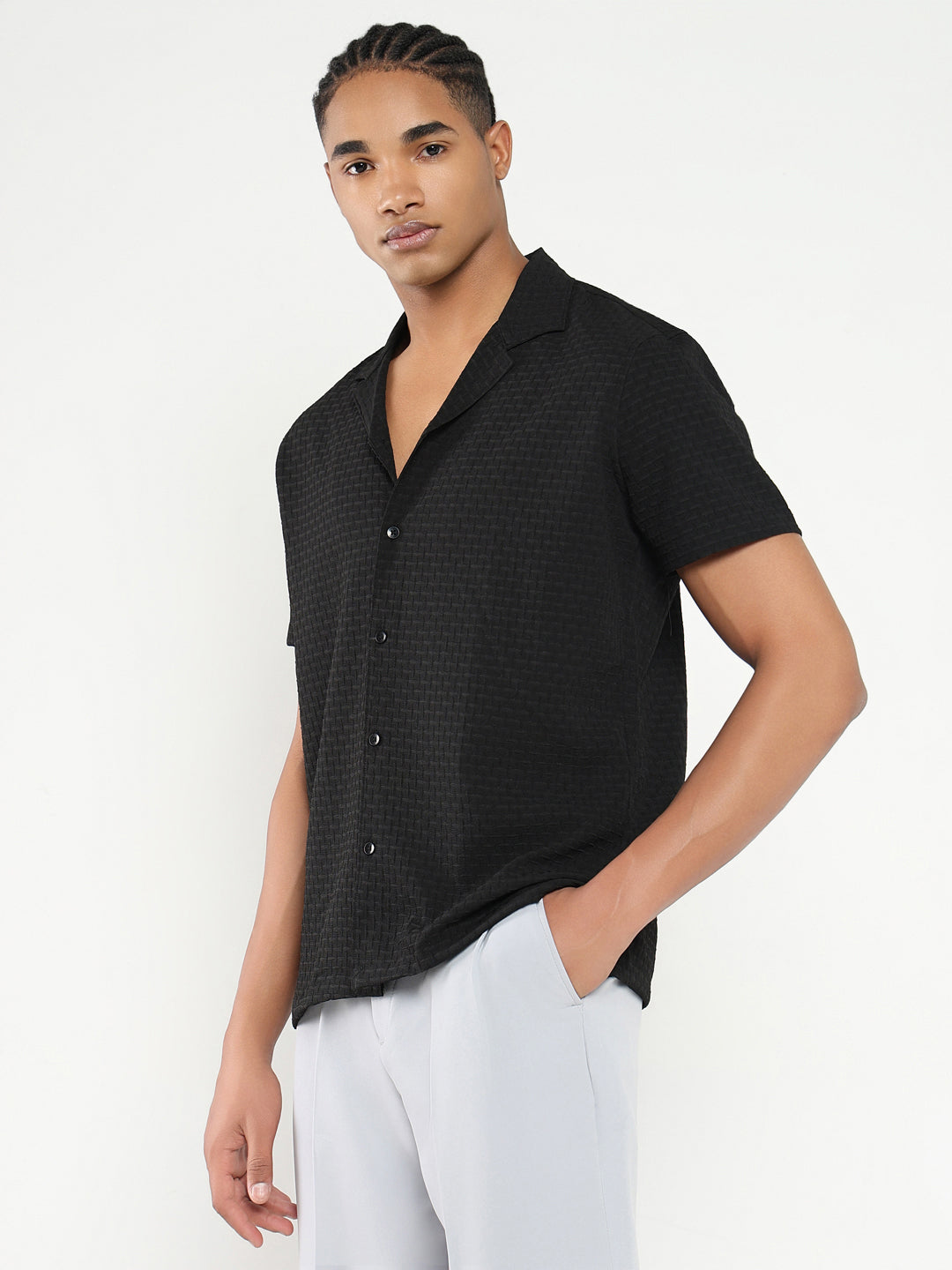 Men Black Cuban Collar Solid Shirt