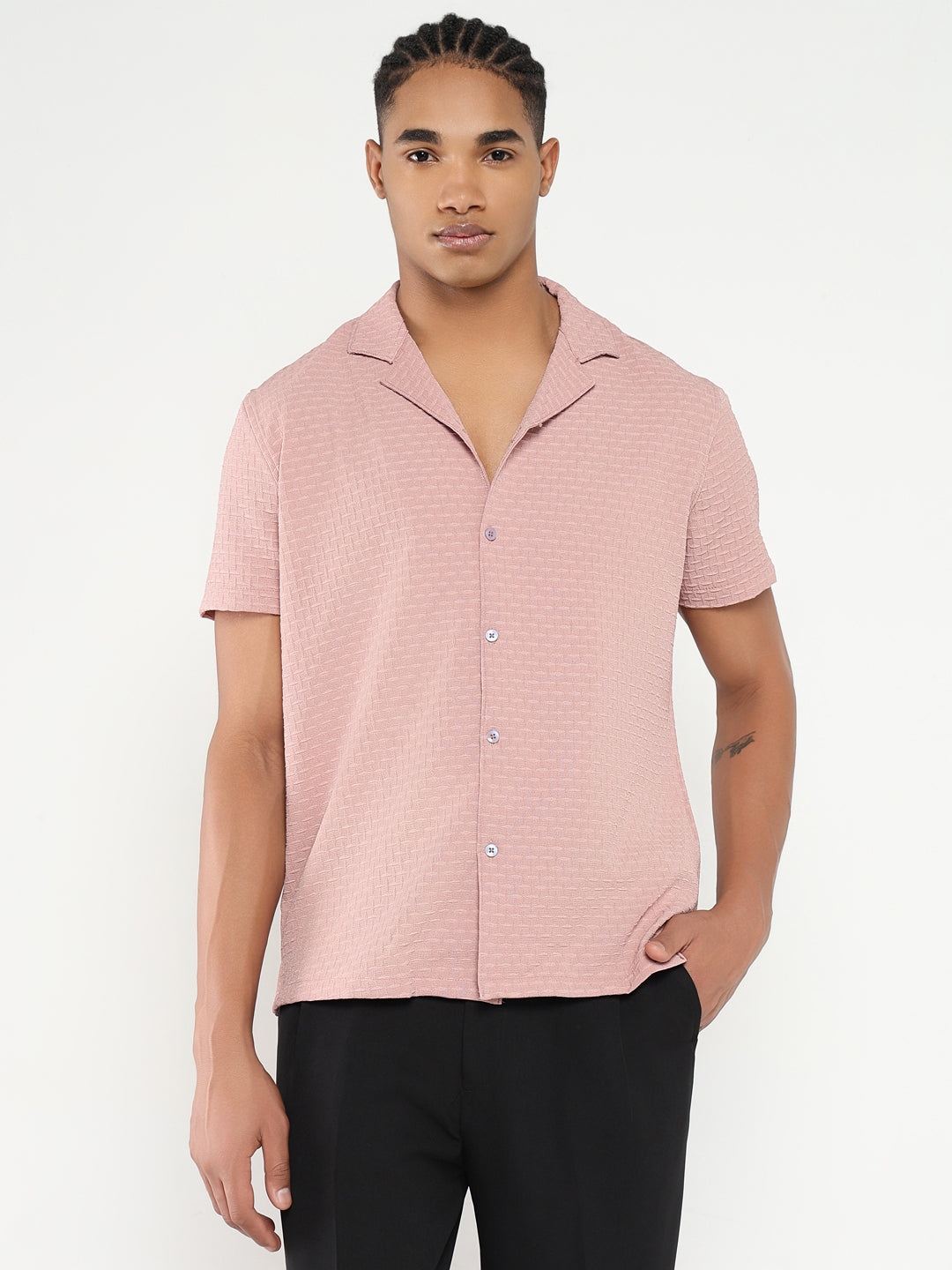 Men Pink Cuban Collar Solid Shirt