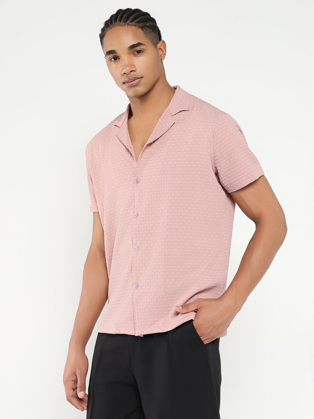 Men Pink Cuban Collar Solid Shirt