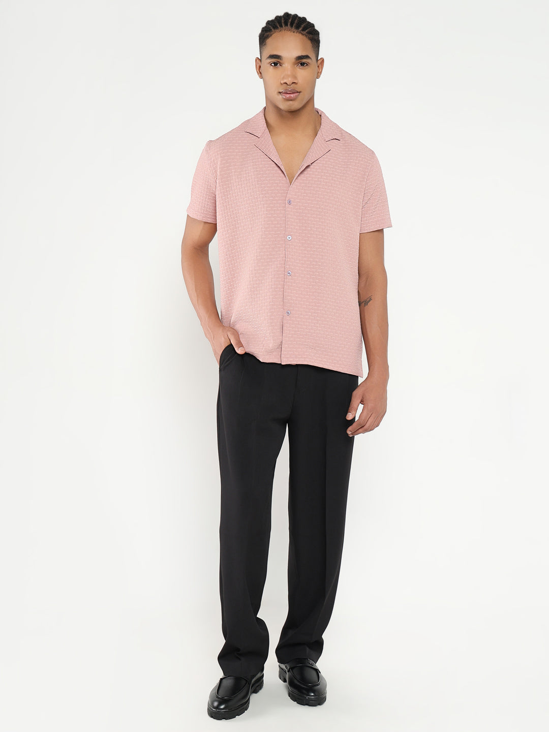 Men Pink Cuban Collar Solid Shirt