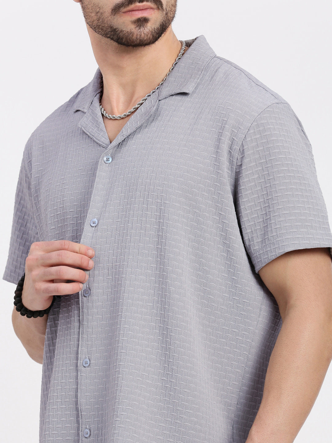 Men Grey Cuban Collar Solid Shirt