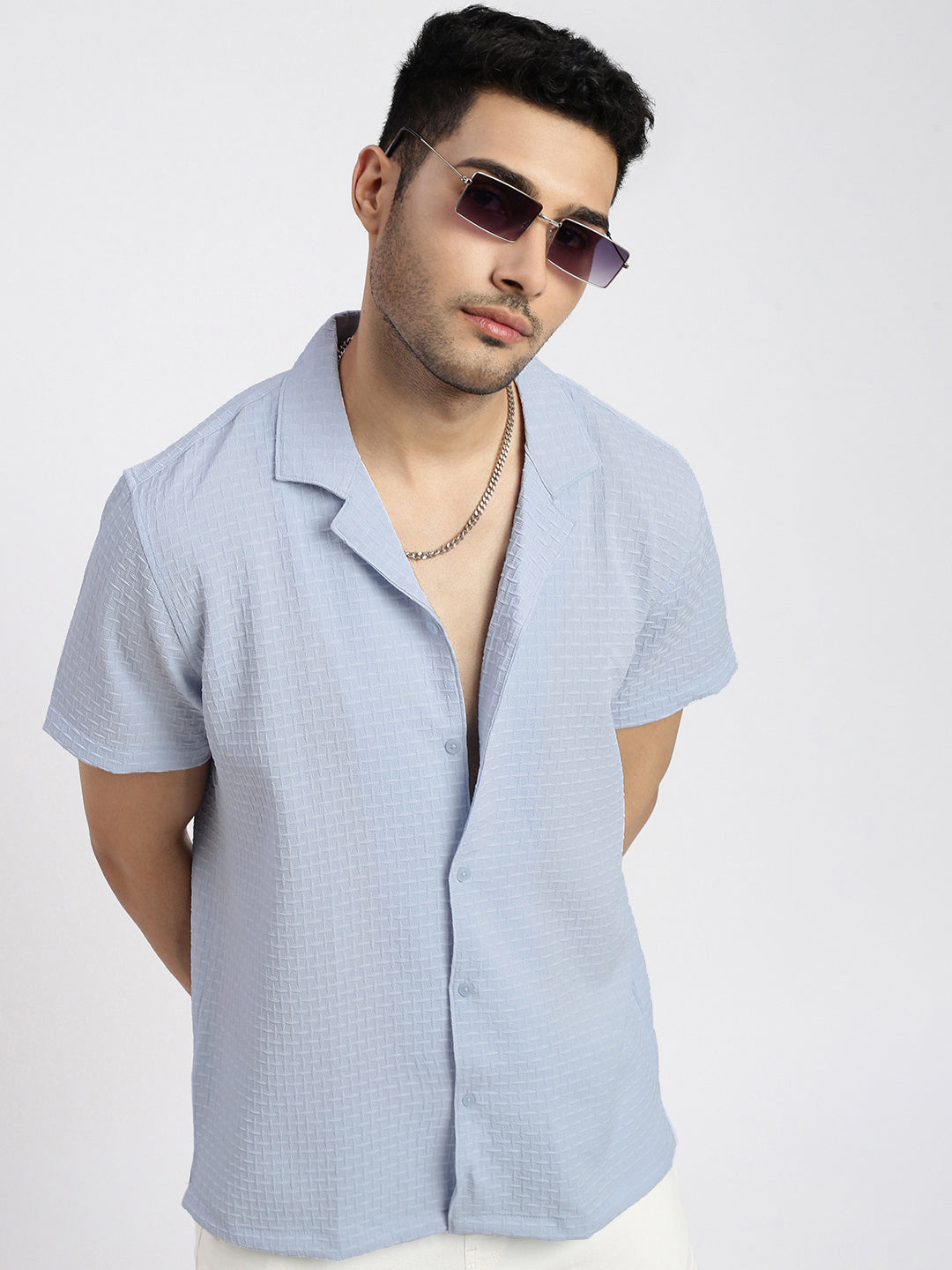 Men Blue Cuban Collar Solid Shirt