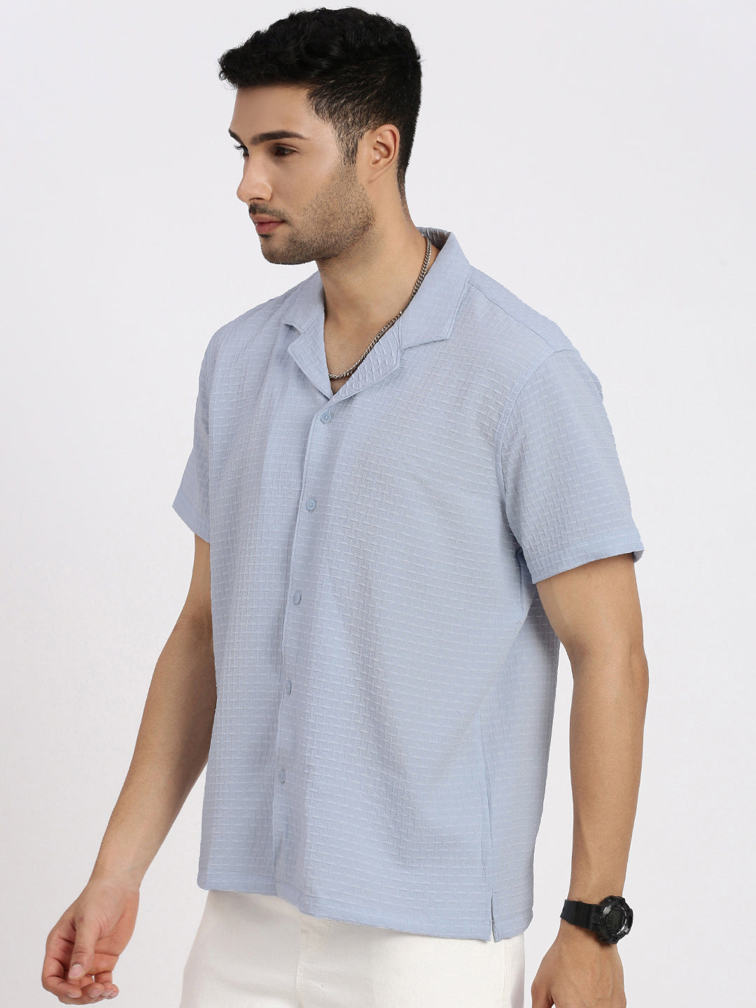 Men Blue Cuban Collar Solid Shirt