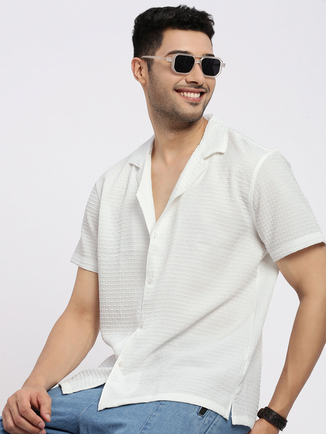 Men White Cuban Collar Solid Shirt