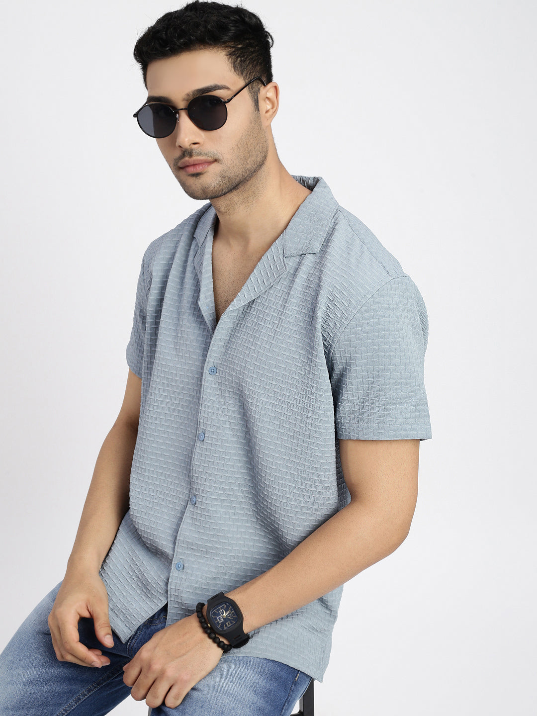 Men Blue Cuban Collar Solid Shirt